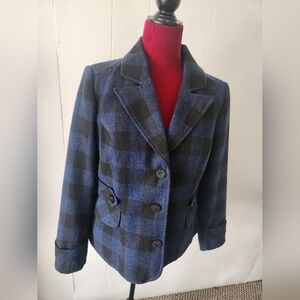 Relativity Blue and Black Plaid Pea Coat Preppy Academia